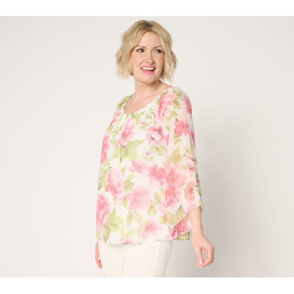 Dennis Basso Women's Top Sz XL Printed Chiffon Gathered Neckline Red A694256